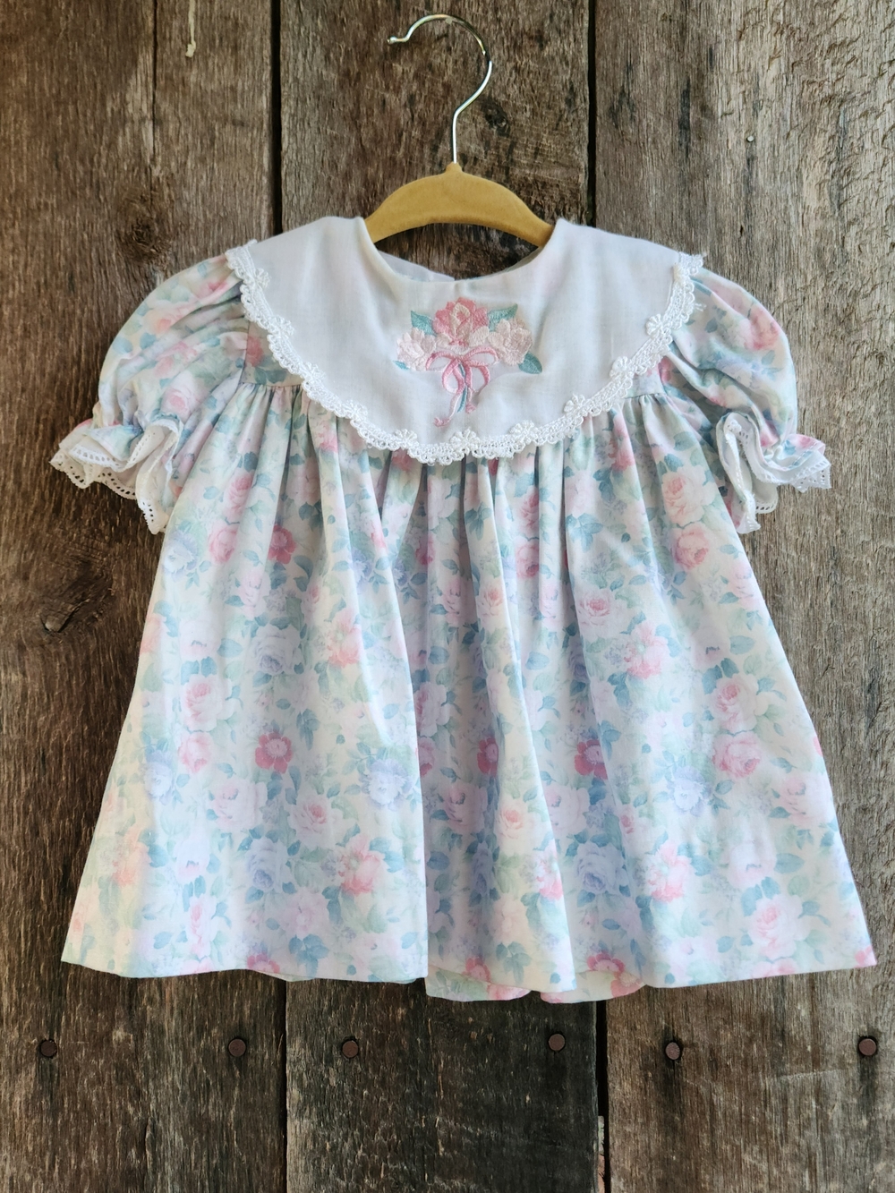 Vintage Pastel Floral Baby Dress with Embroidered Collar 3-6M